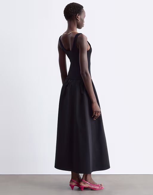 & Other Stories fitted bodice maxi jersey dress with cotton poplin skirting in black