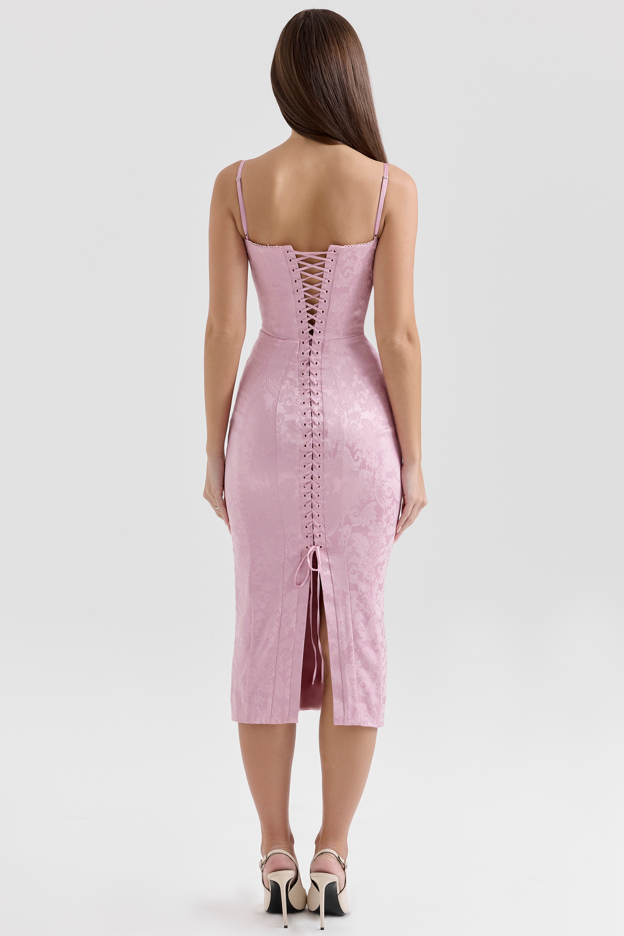 Pink Jacquard Lace Up Bodycon Midi Dress