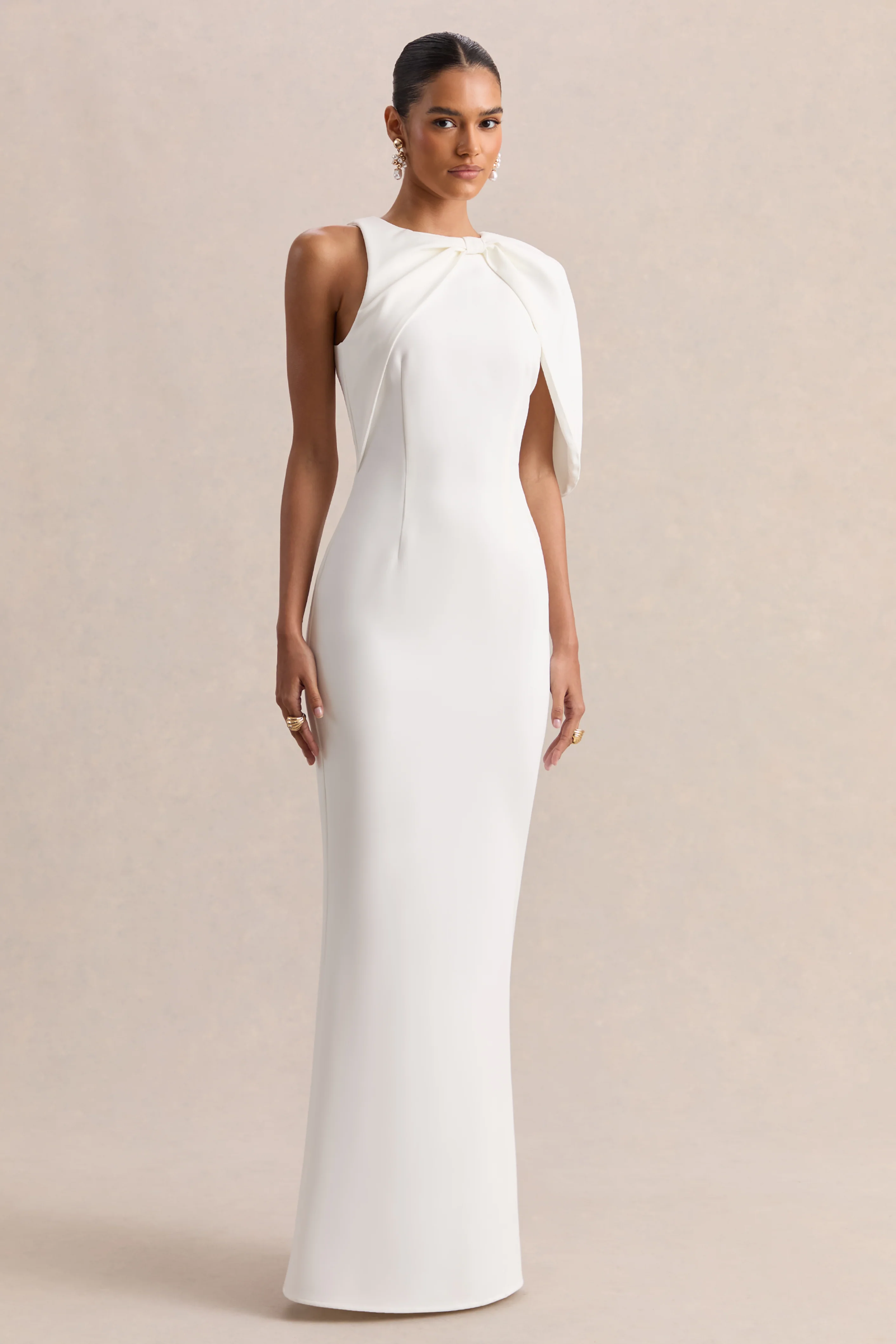 Quira | White Asymmetric-Neck Maxi Dress With Cape-Sleeve