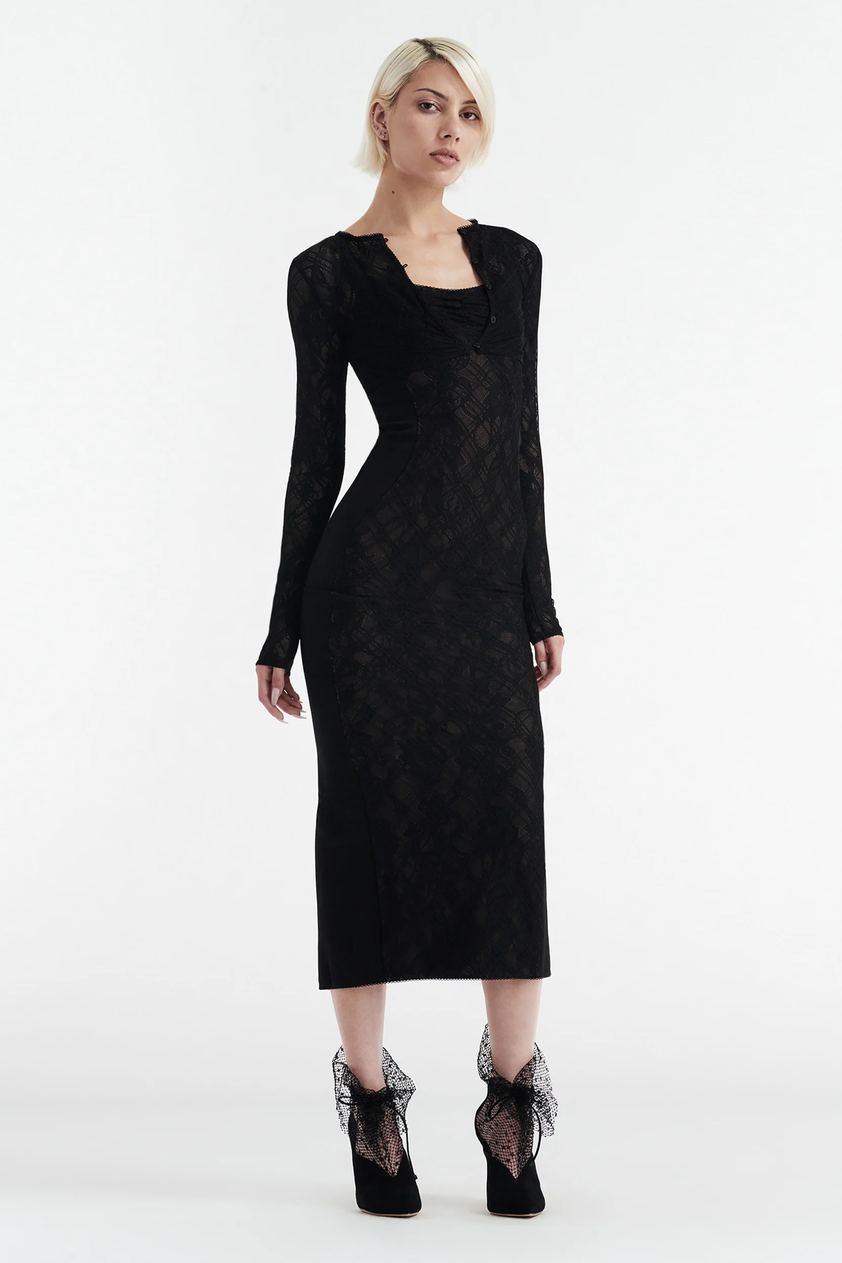Margot Two Piece Fitted Lace Midi Dress - Black