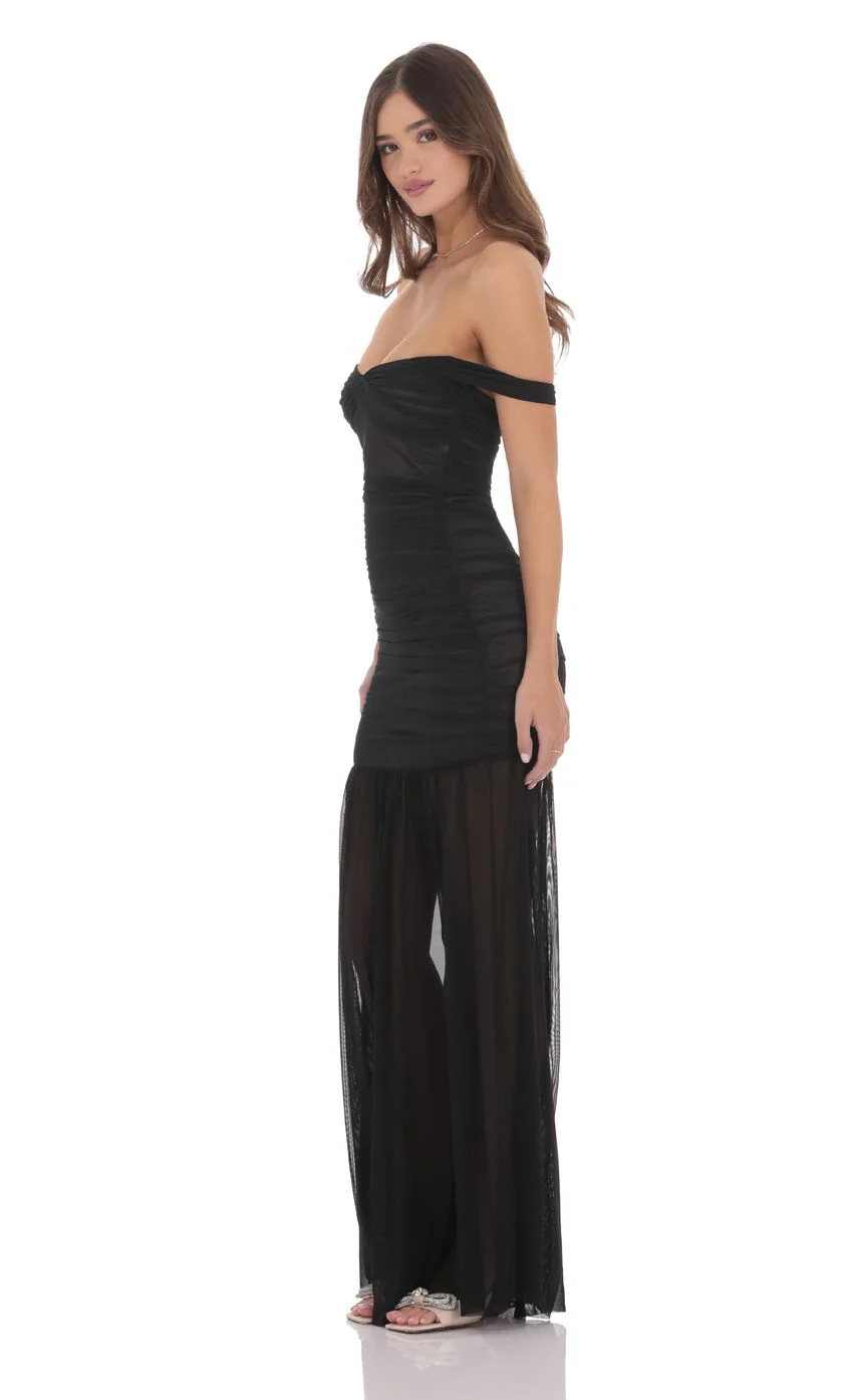 Mesh Off Shoulder Ruched Maxi Dress in Black - luluinthesky