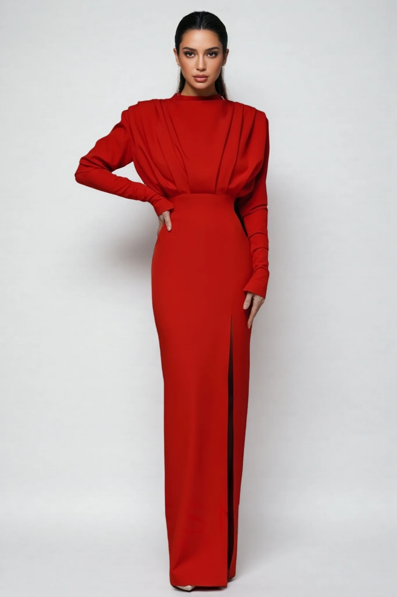 Davina High Neck Slit Maxi Dress-Red