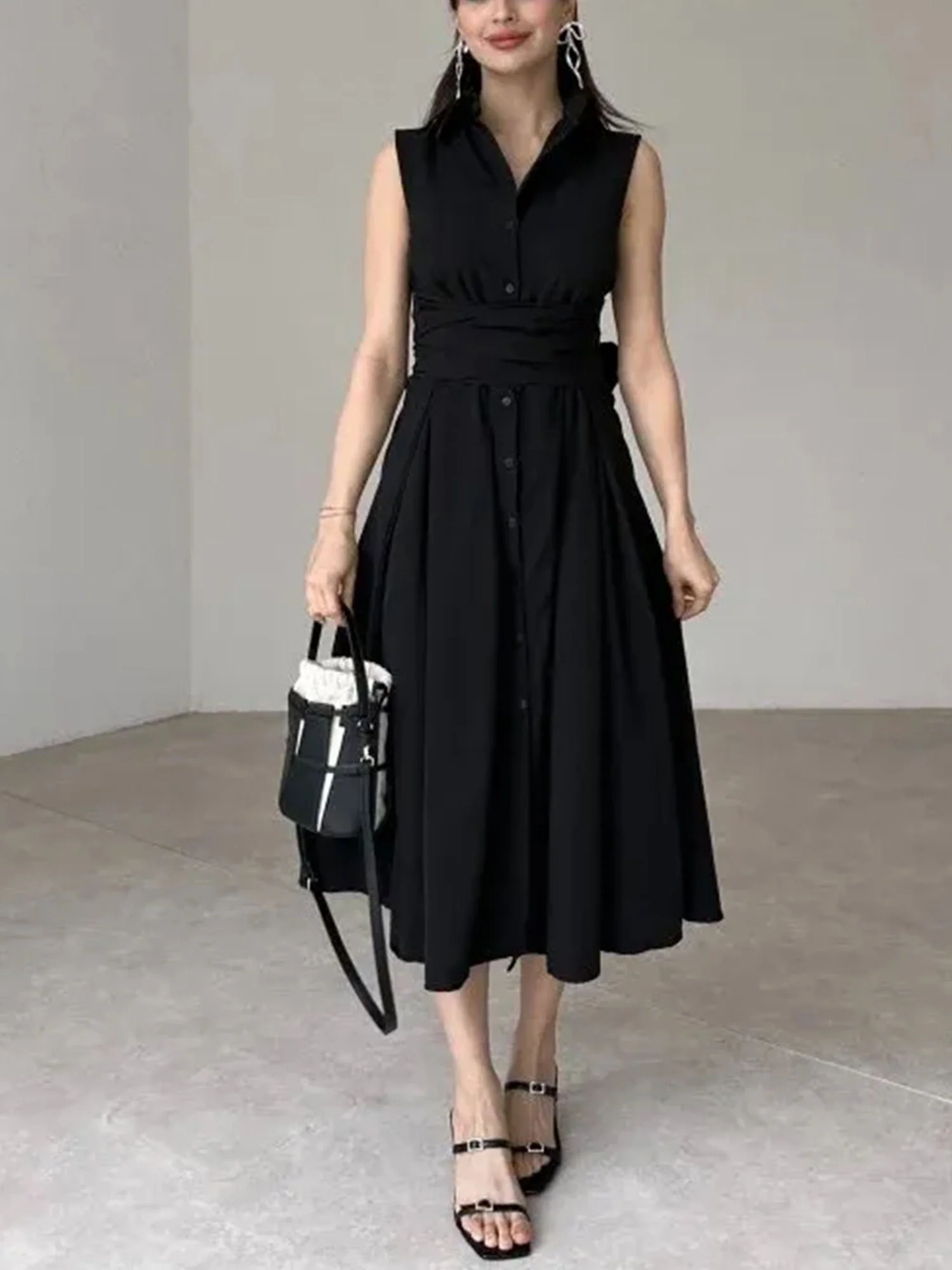 Sleeveless Belted Black Midi Dress