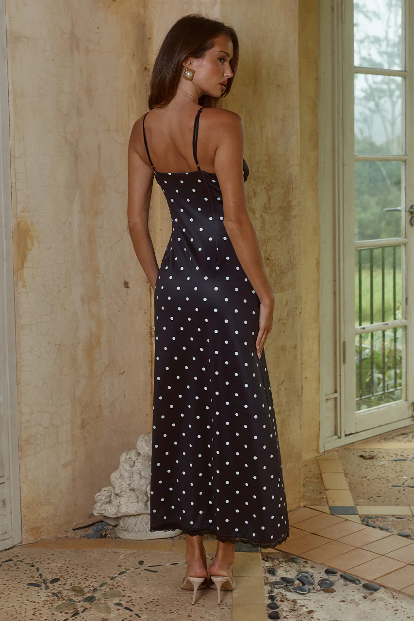 EMILY LACE TRIM CAMISOLE MIDI DRESS - BLACK/WHITE POLKA