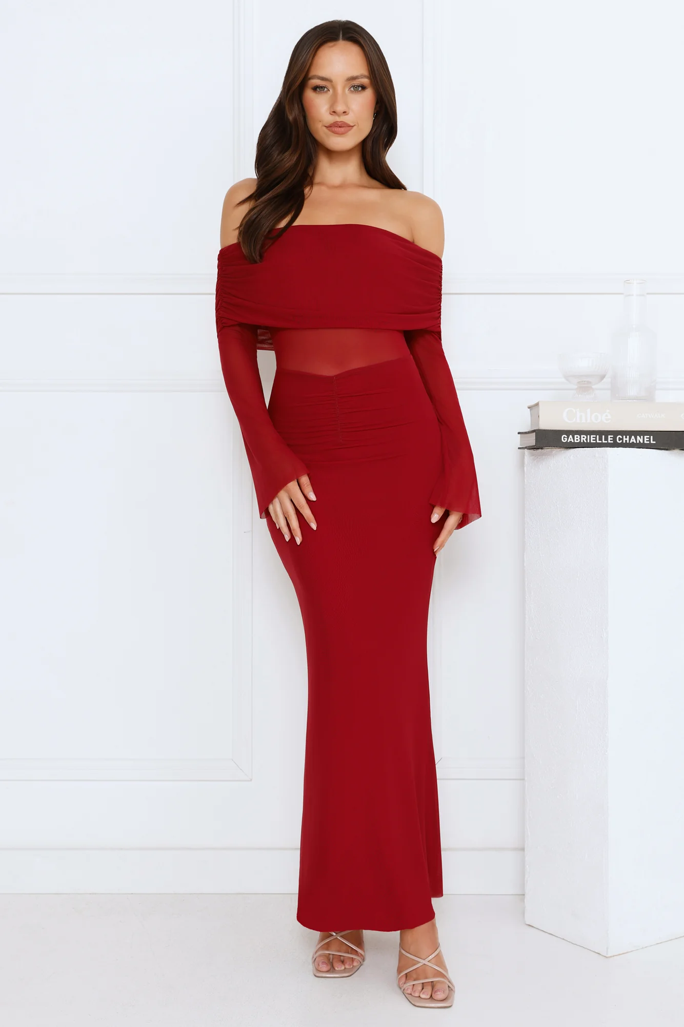 Softspell Off Shoulder Mesh Maxi Dress Burgundy