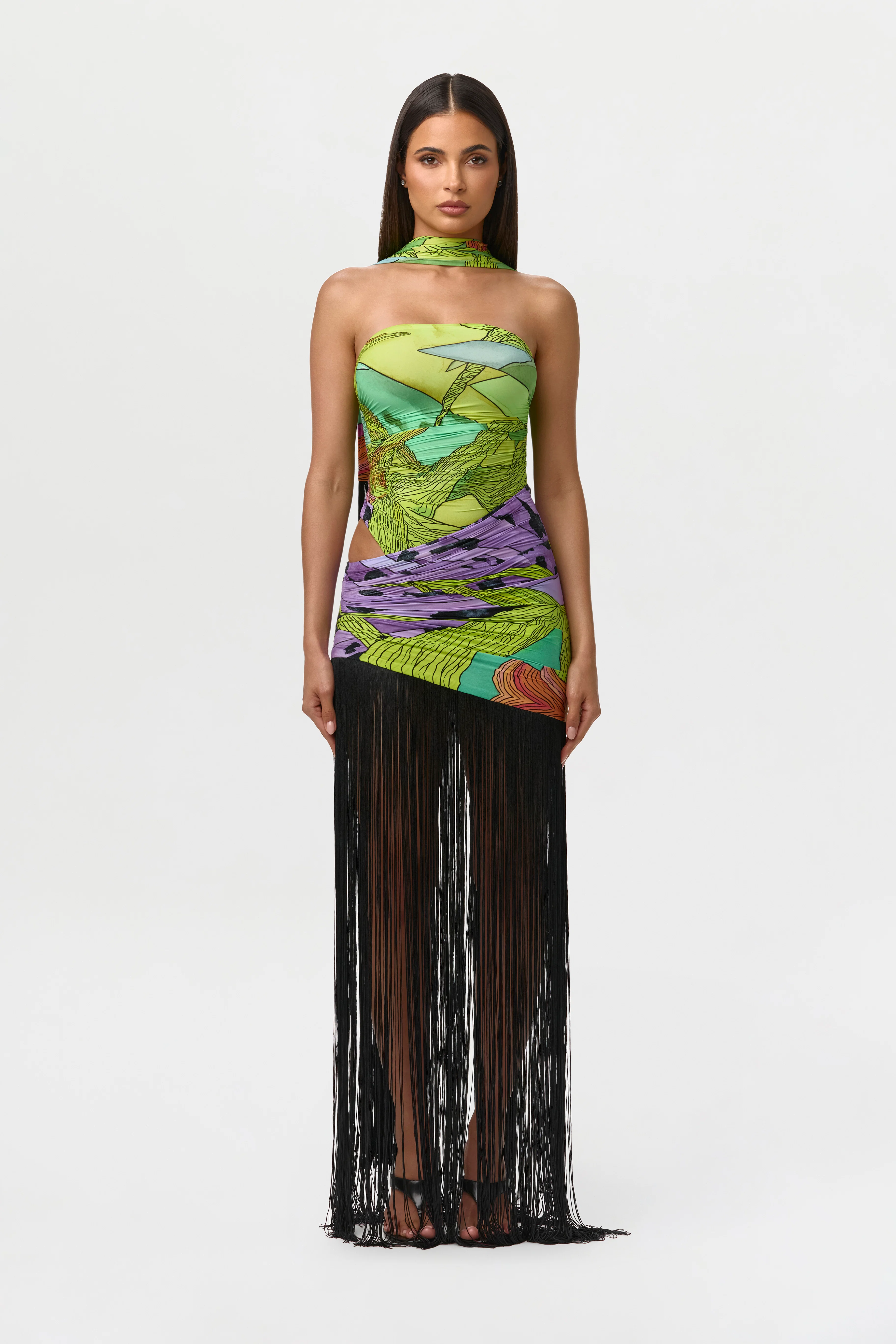 Naked Print Fringe Tube Dress