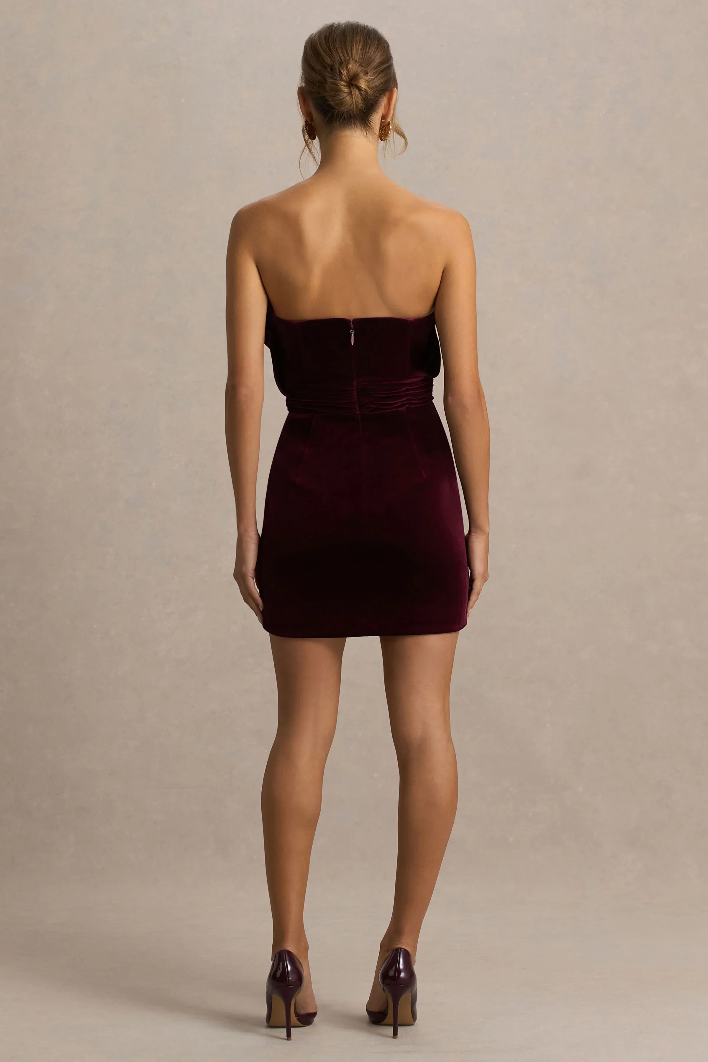 Polly | Burgundy Velvet Ruffled Strapless Mini Dress