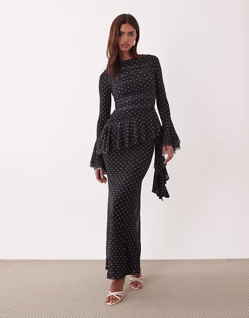 mesh maxi dress with ruching and frill details in polka-dot print