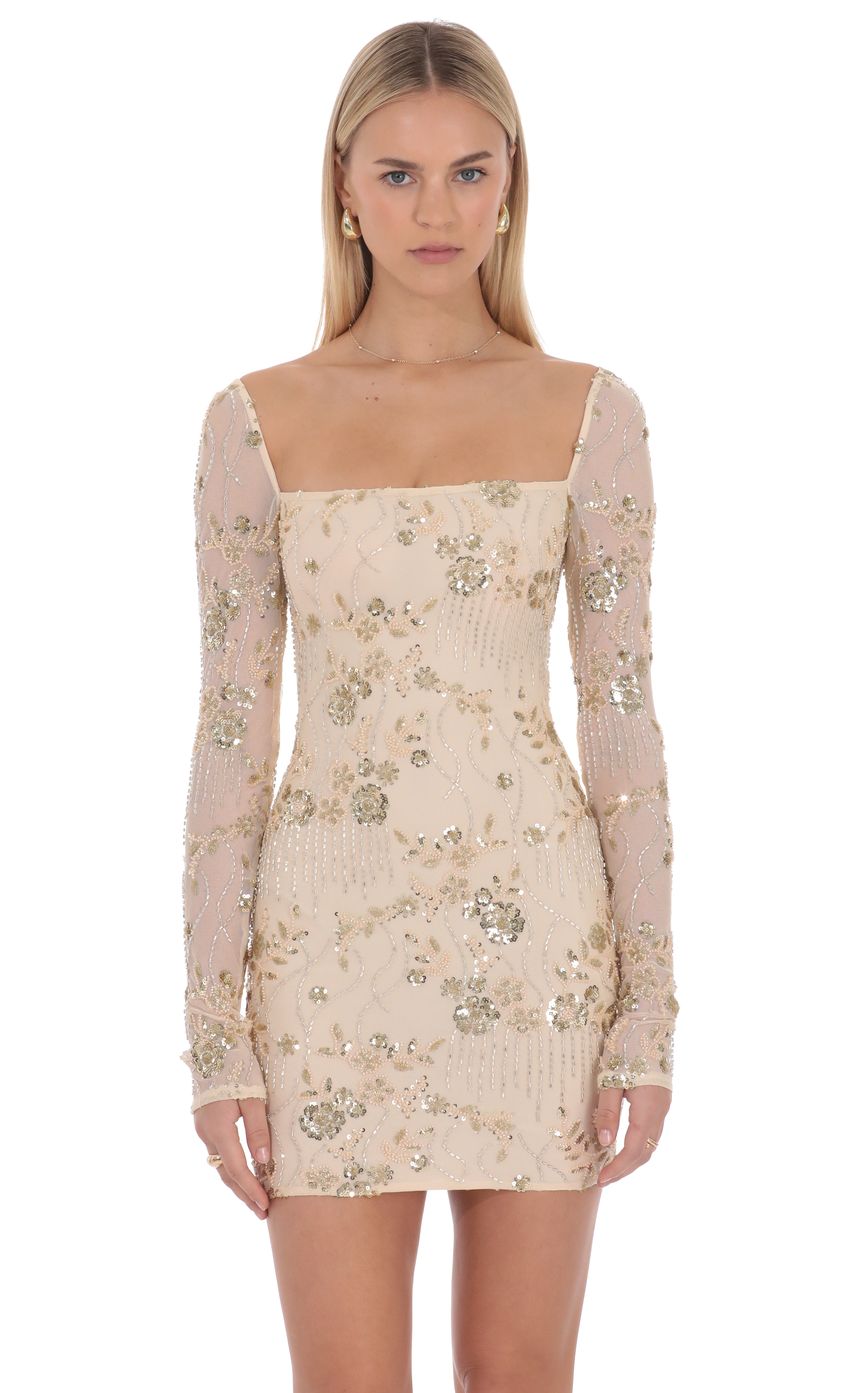 Beaded Long Sleeve Mini Dress in Champagne