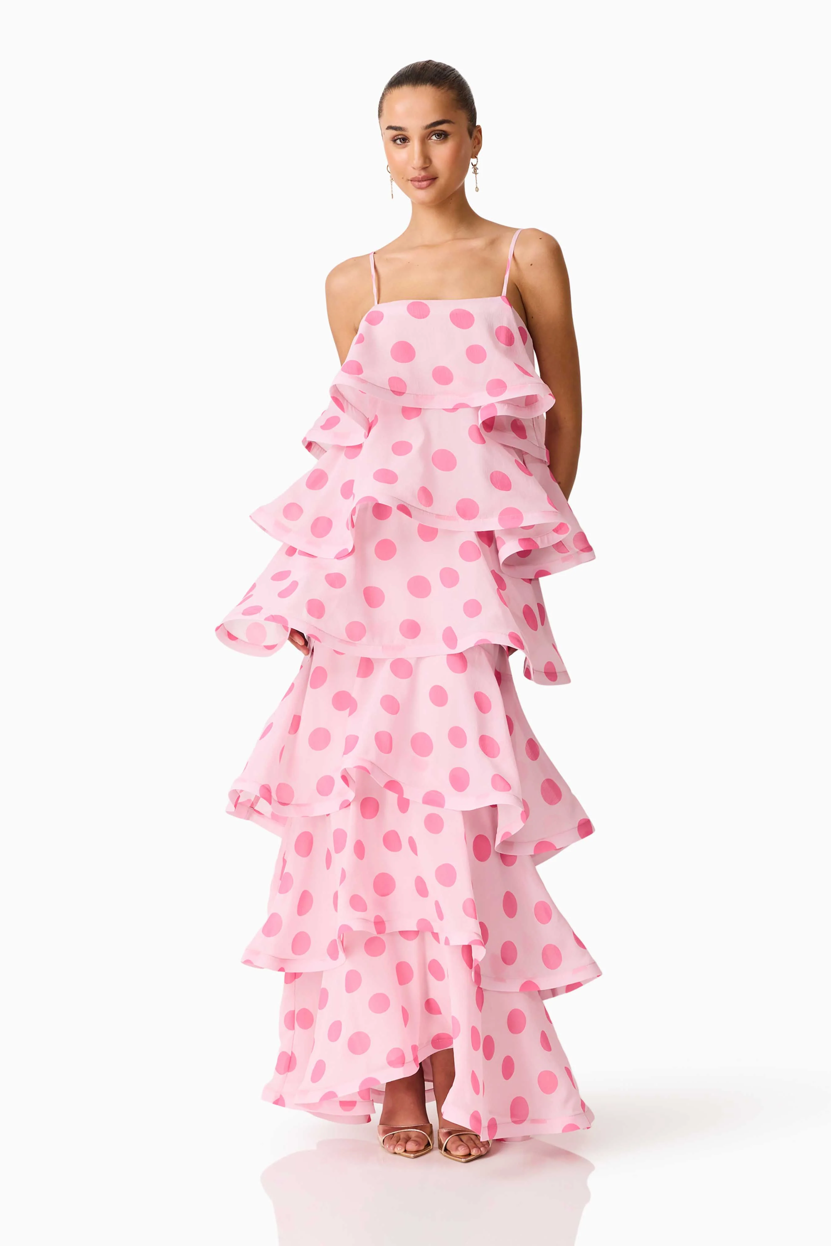 Sola Tiered Maxi Dress in Pink Polkadot