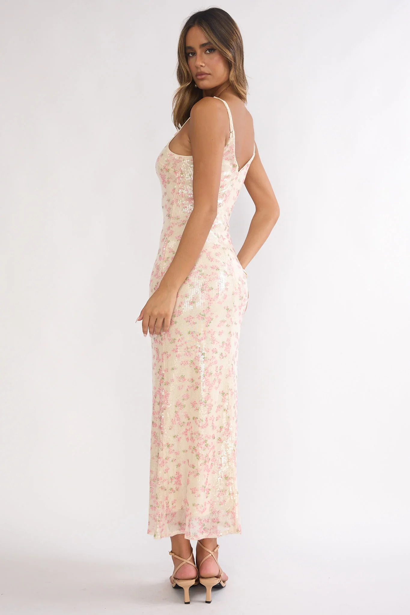 Marielle Bust Tie Sequin Maxi Dress Floral Pink Sage
