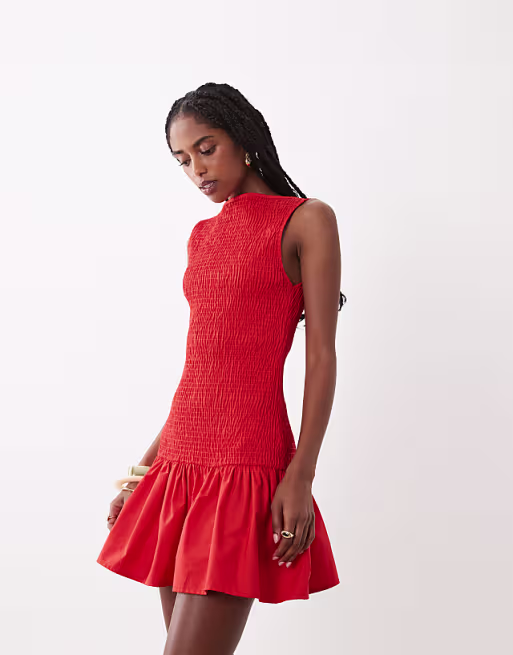 shirred drop waist mini dress in red