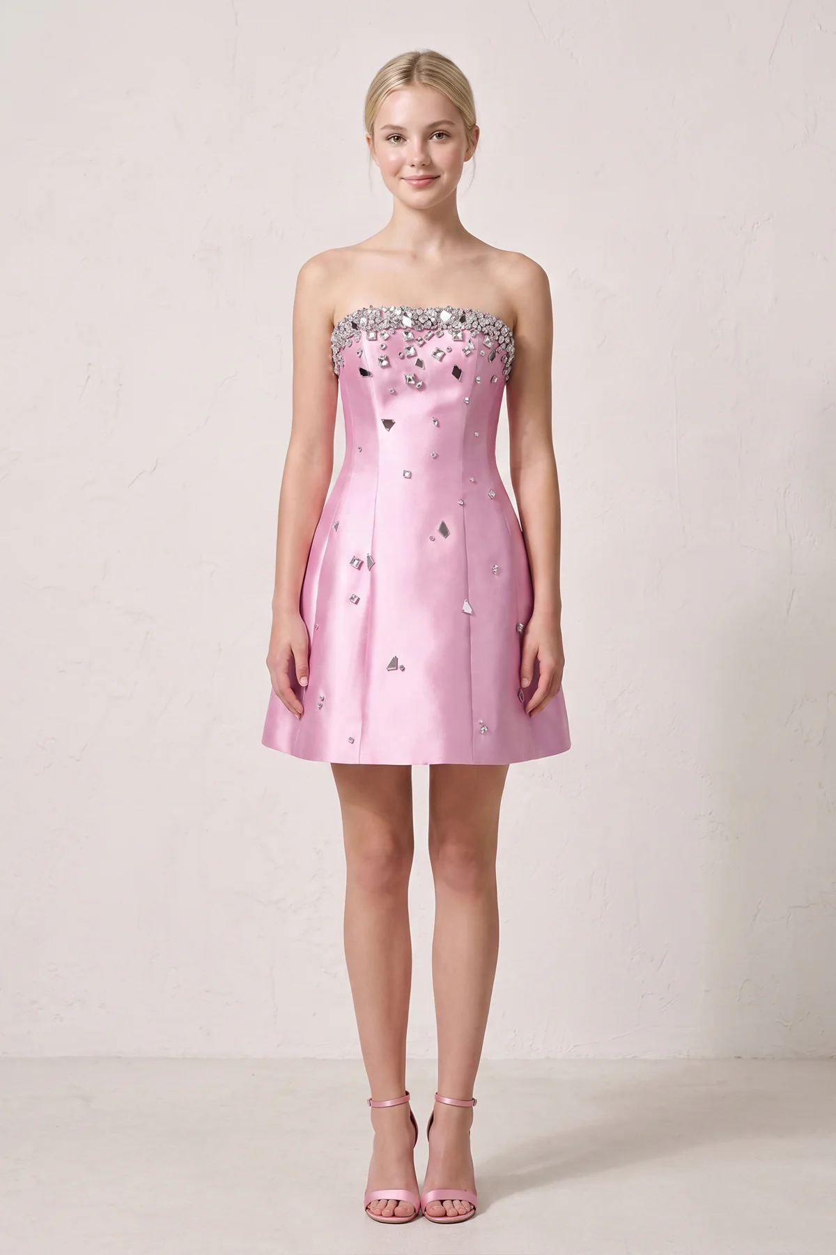 Candy Pink Rhinestones Satin Strapless A-Line Homecoming Dress