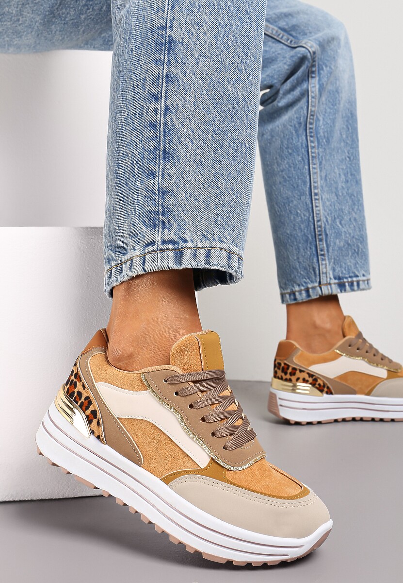 Brązowe Sneakersy na Wysokiej Podeszwie z Błyszczącymi Wstawkami Lovana