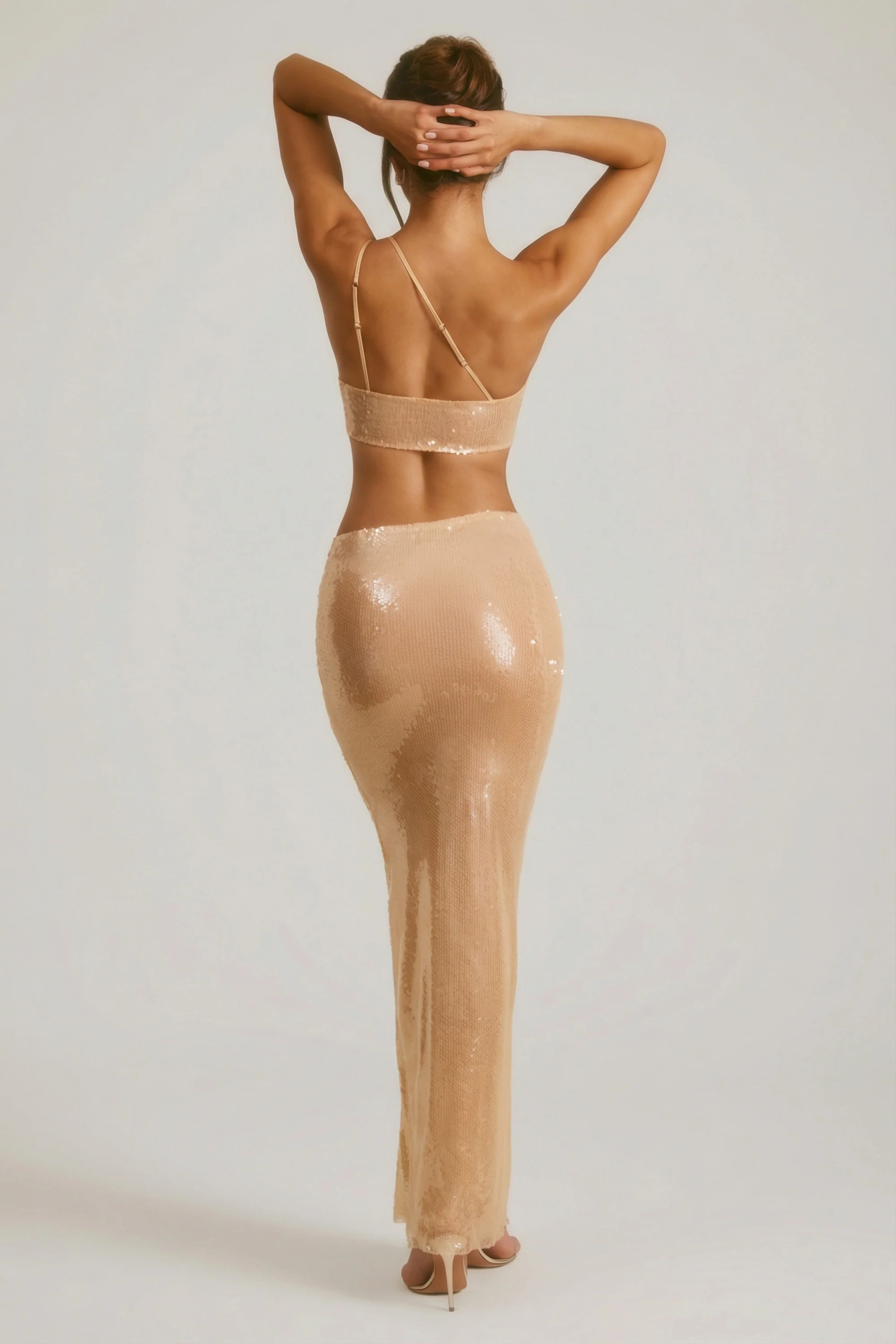 Sheer Sequin One Shoulder Cut Out Maxi Dress in Tan