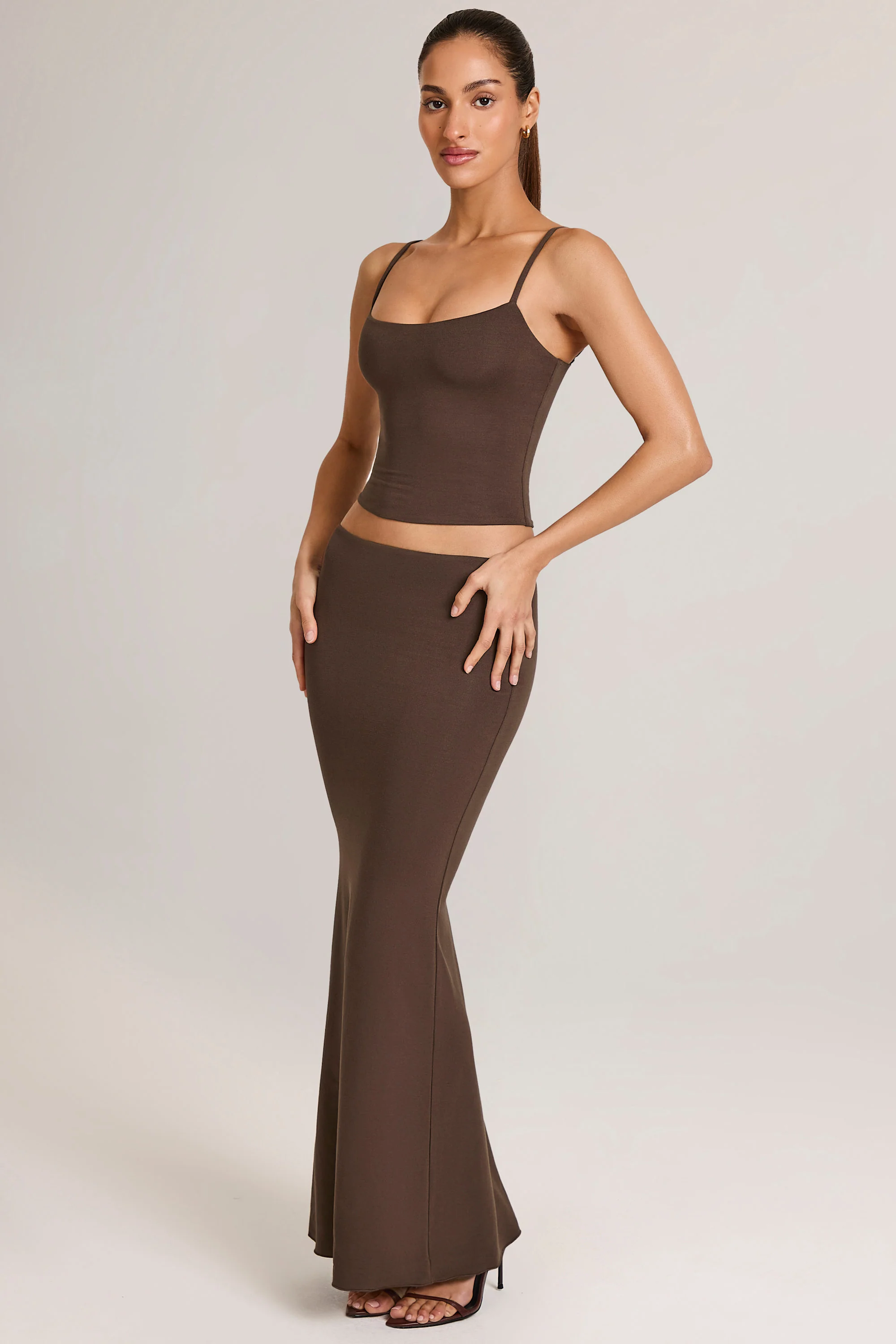 Modal Mid-Rise Fishtail Maxi Skirt in Chocolate Brown