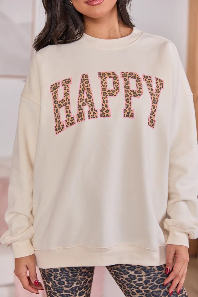 Happy Block Leopard Cream Graphic Sweatshirt