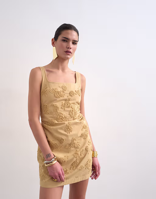 Topshop structured drape mini dress with 3D flowers in beige