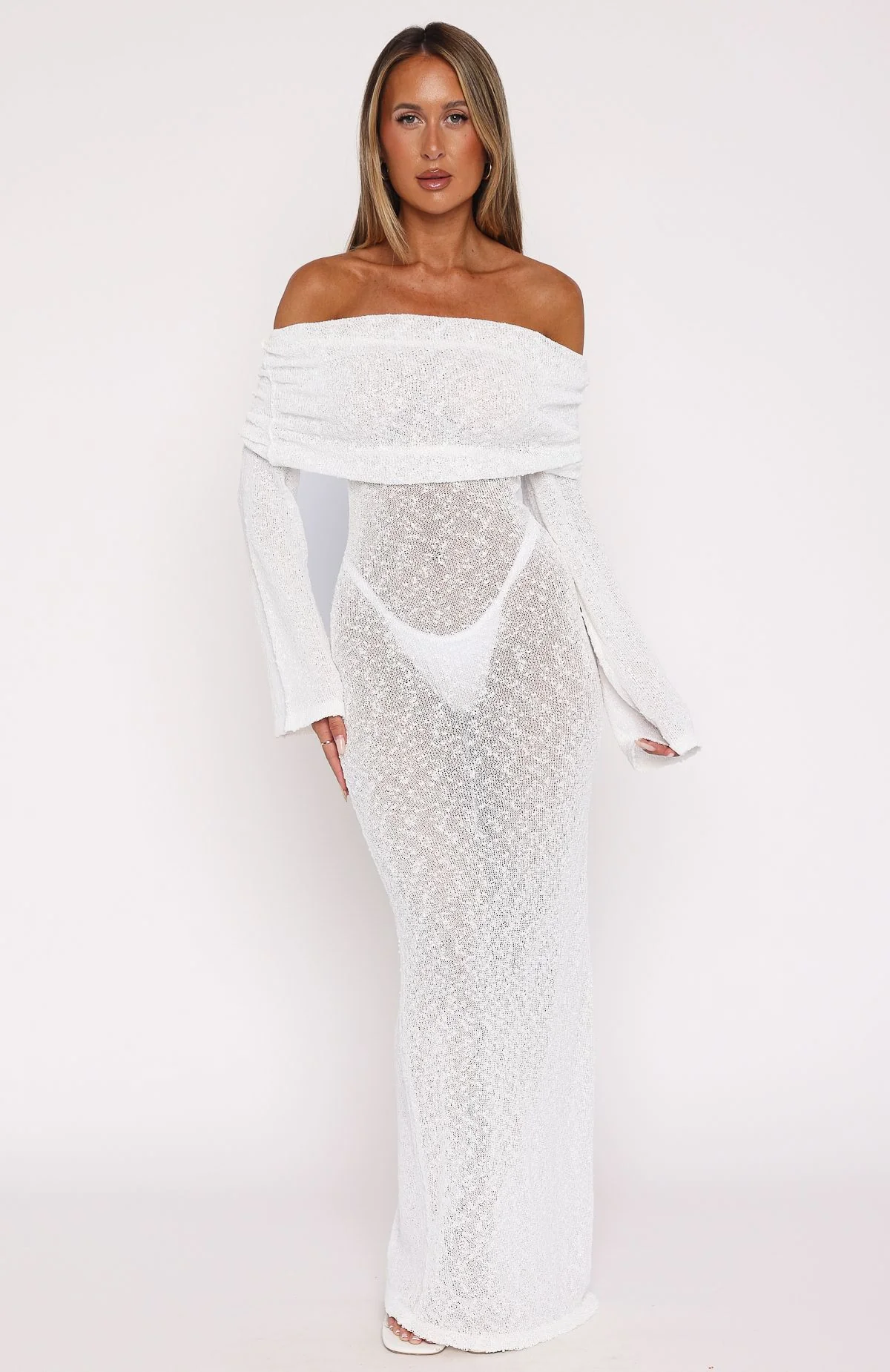 Made It Out Long Sleeve Boucle Maxi Dress White