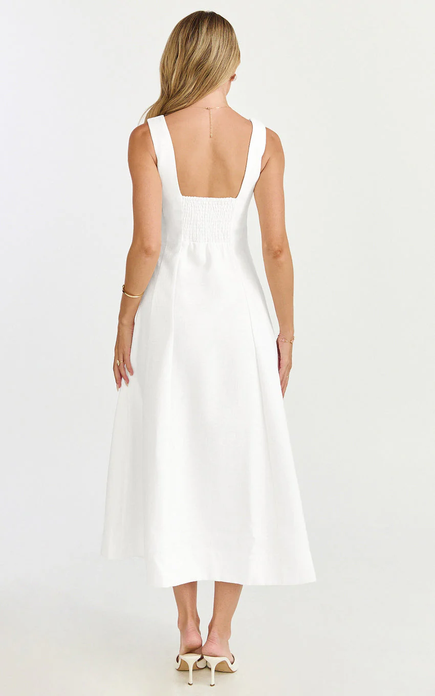 Walters Midi Dress - Square Neck Shirred Back Fit and Flare Panel Dress in White - luluinthesky