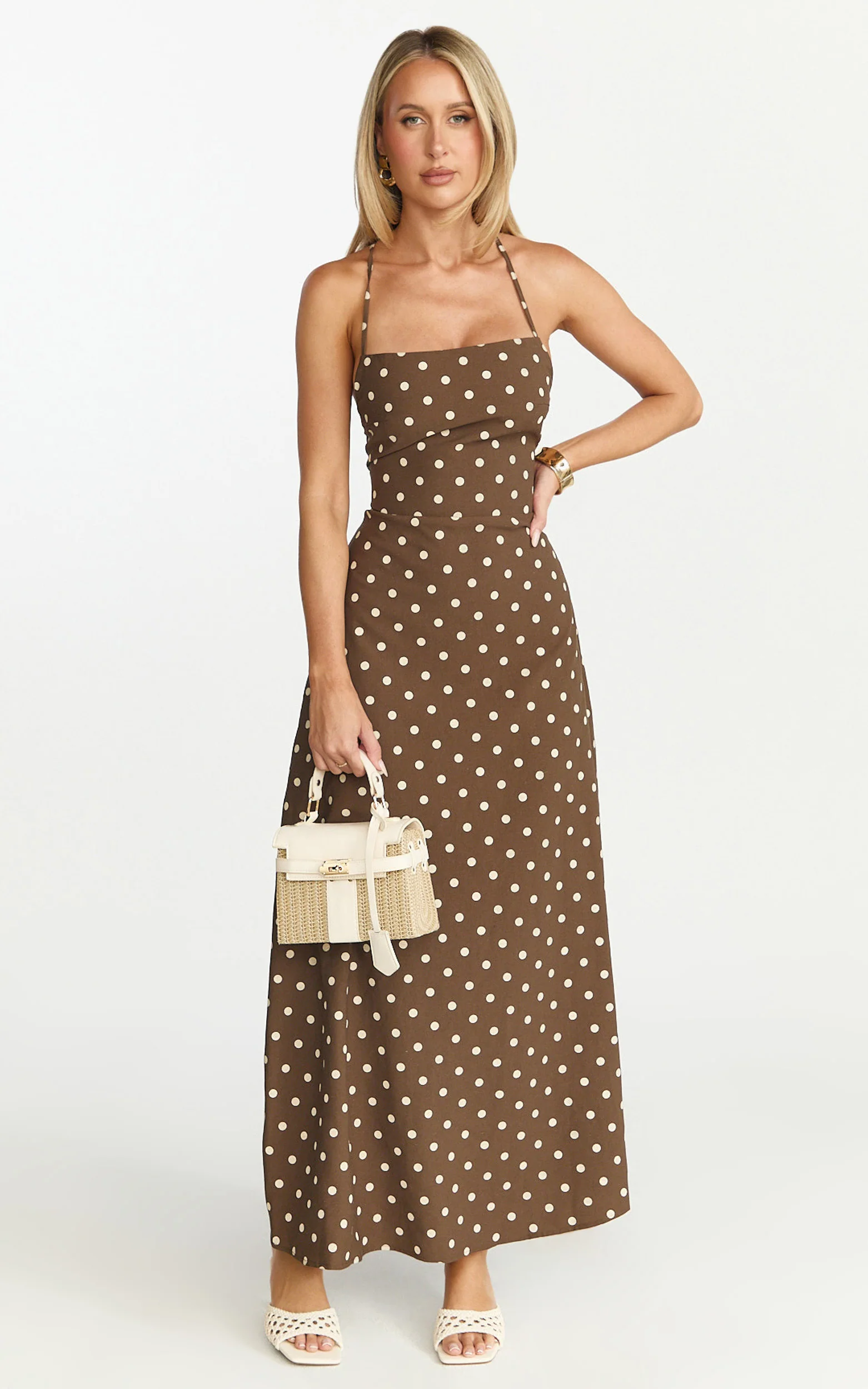 Leighton Maxi Dress - Cross Over Spaghetti Straps Square Neck A Line Dress in Choc/Cream Polka Dot