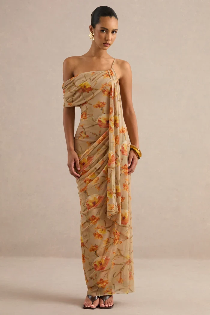 Floral Mesh Asymmetric-Neck Maxi Dress With Sash Detail
