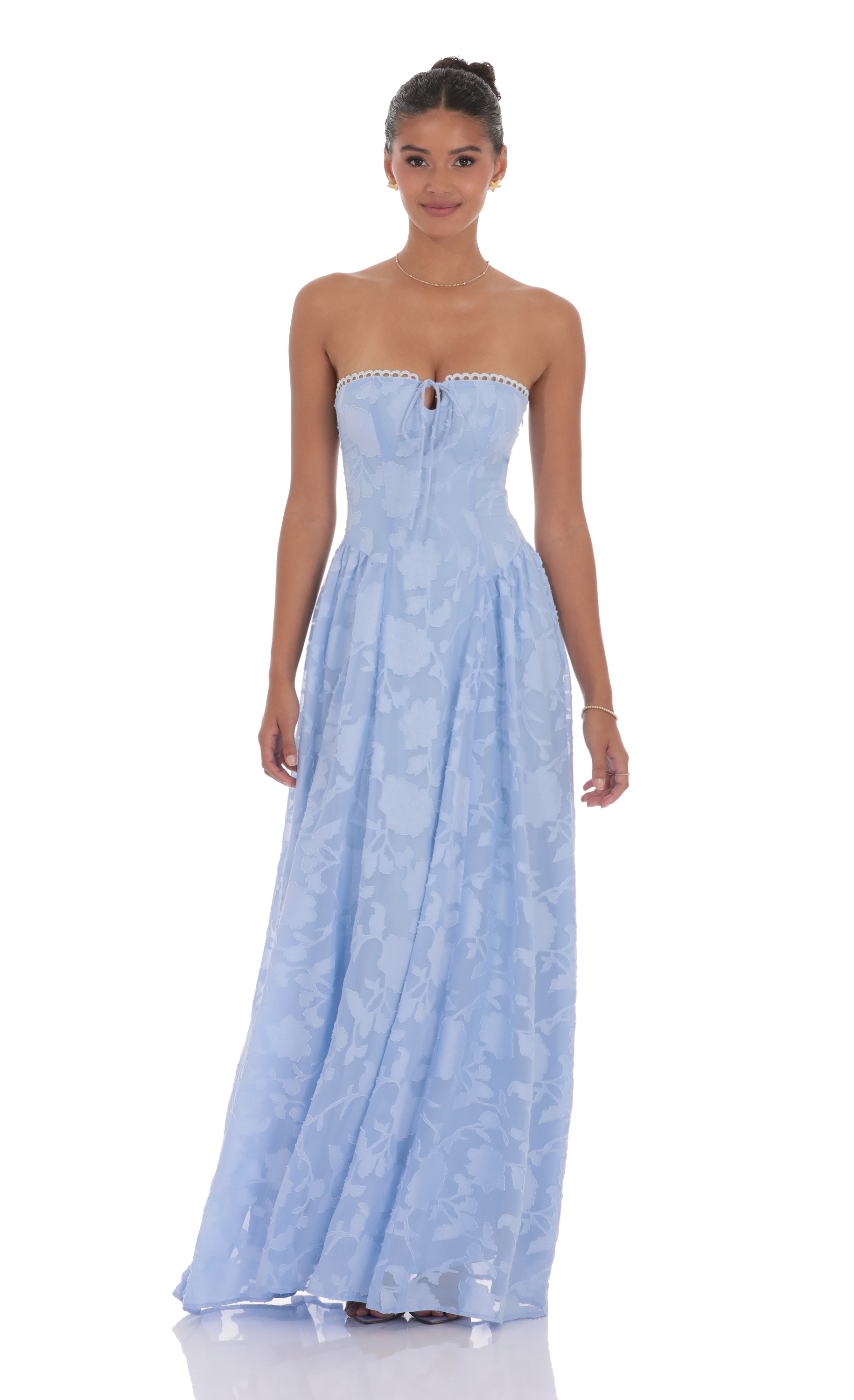 Floral Lace-Up Maxi Dress in Light Blue