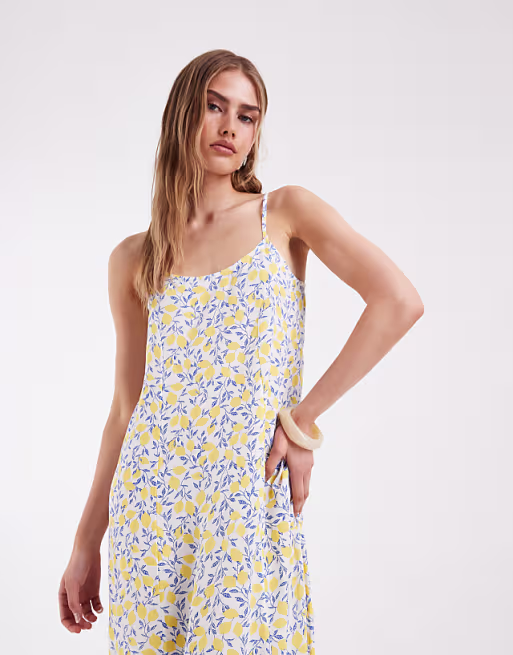 PIECES woven cami maxi dress in blue and yellow lemon print
