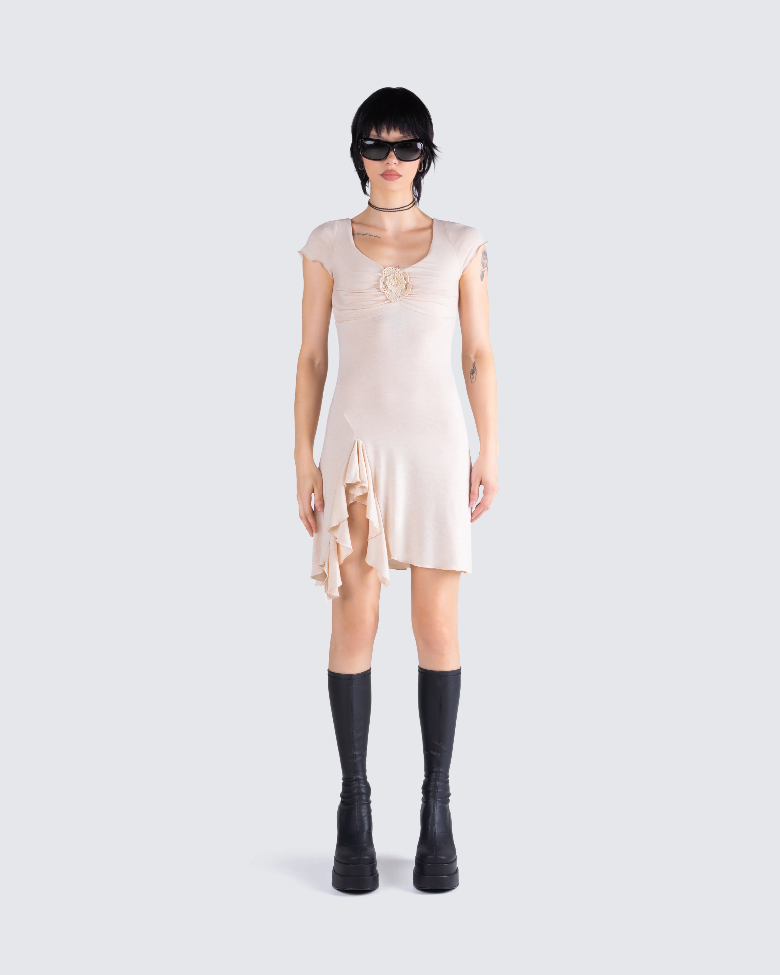 Tai Beige Jersey Ruffle Dress