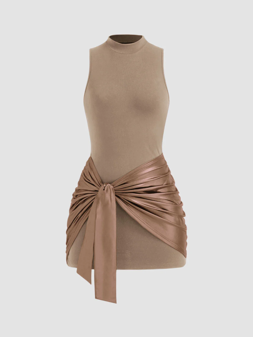 High Neck Ruched Knotted Mini Dress
