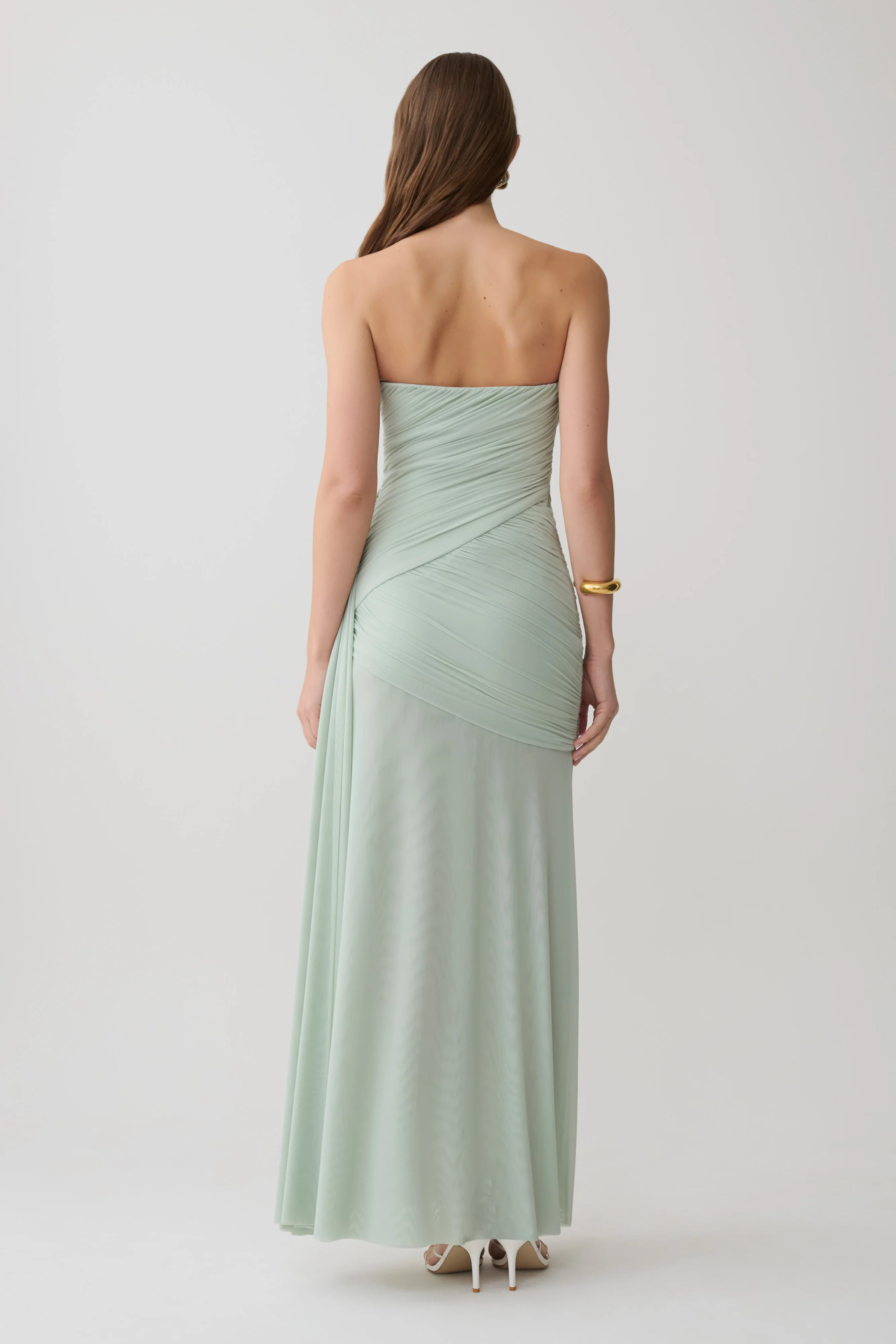 Monet Strapless Ruched Mesh Maxi Dress - Aqua Grey