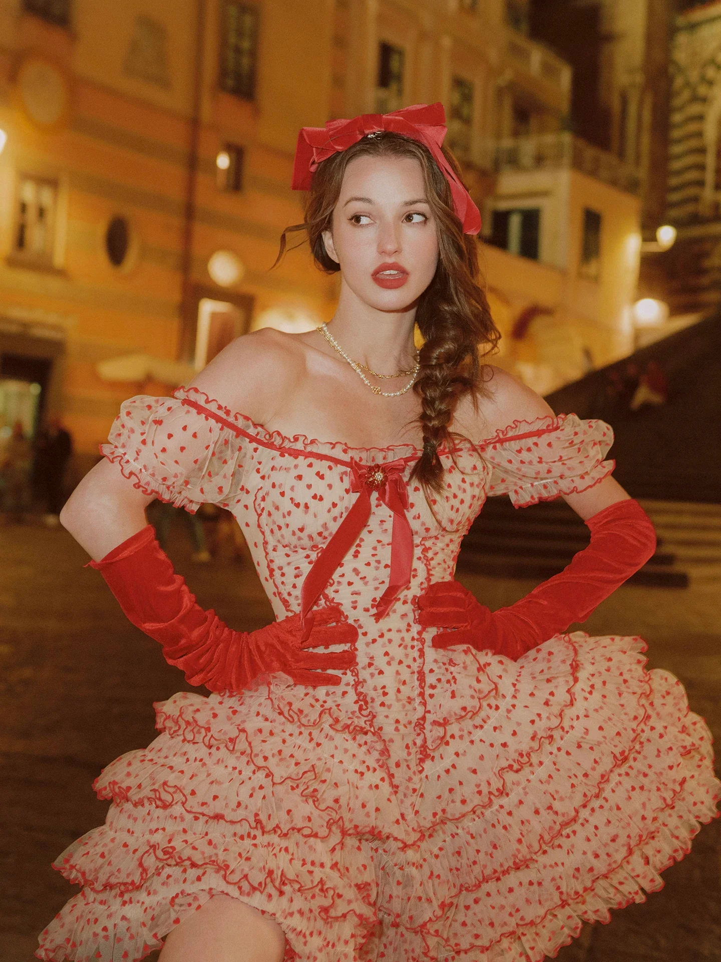 Flocked Bow Ruffle Dress