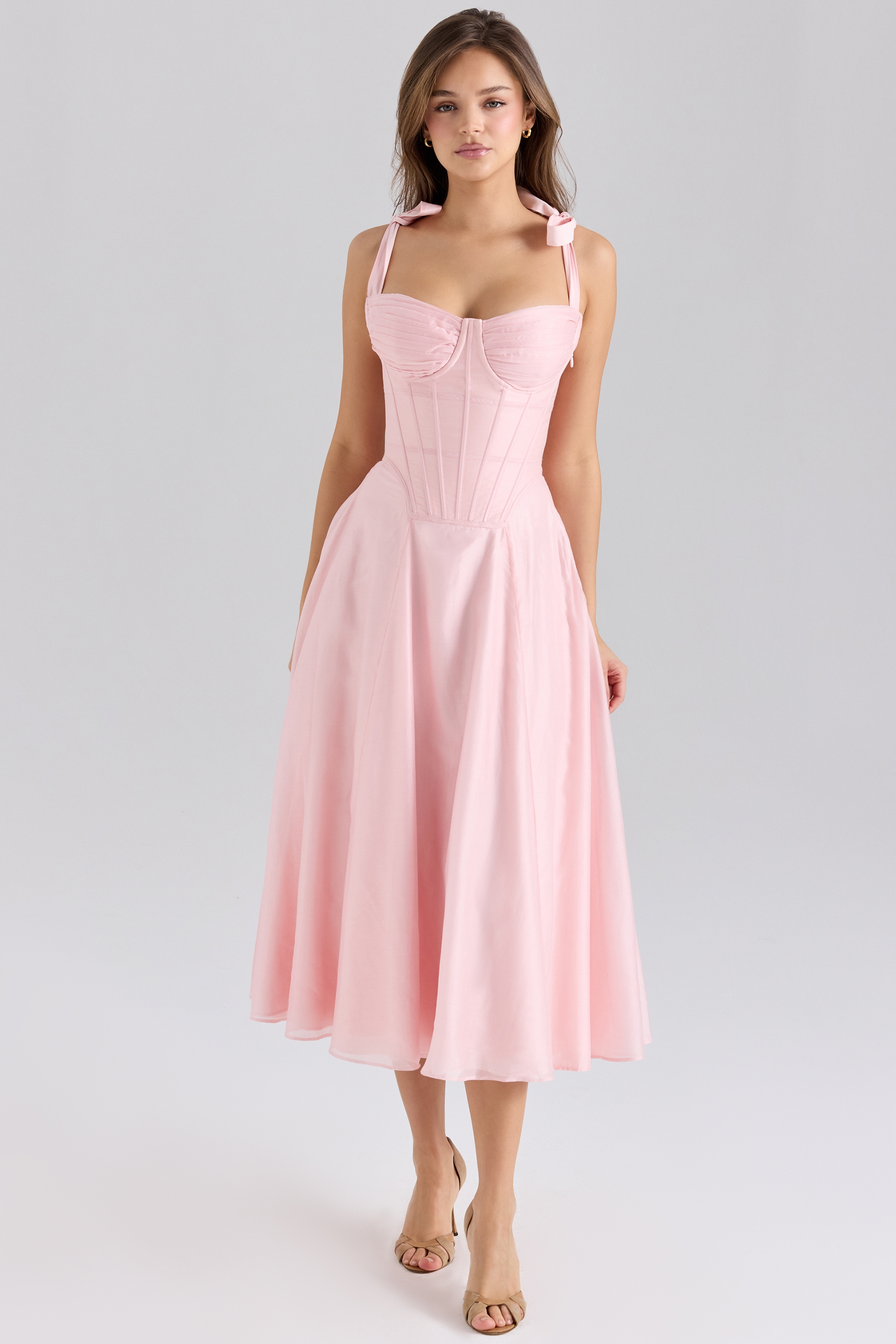 pink chiffon tie strap midi dress