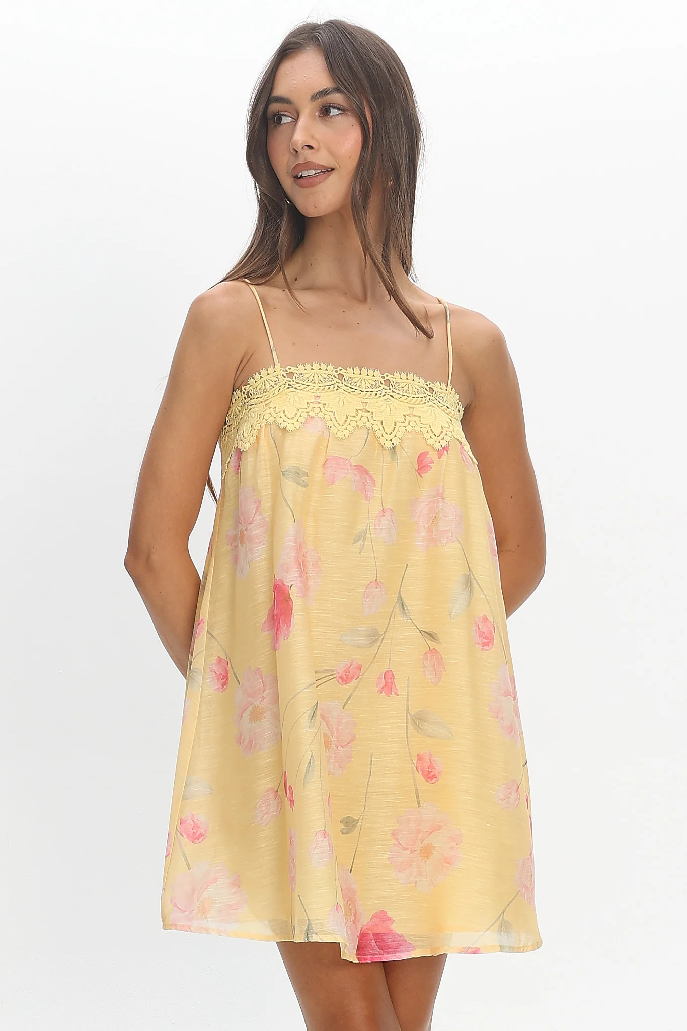 Believer Lace Neckline Mini Dress Baby Yellow - luluinthesky