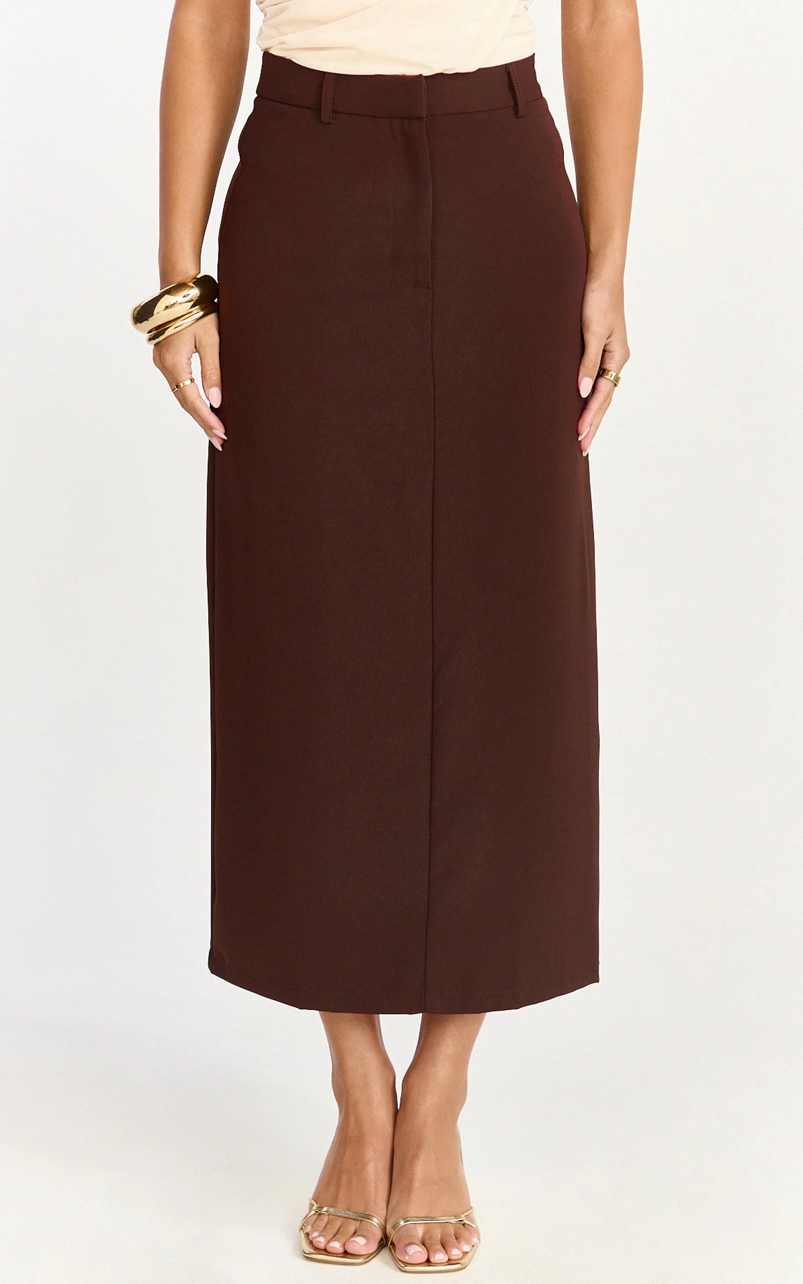 Alanna Midi Skirt - High Waisted Back Split Pencil Skirt in Chocolate