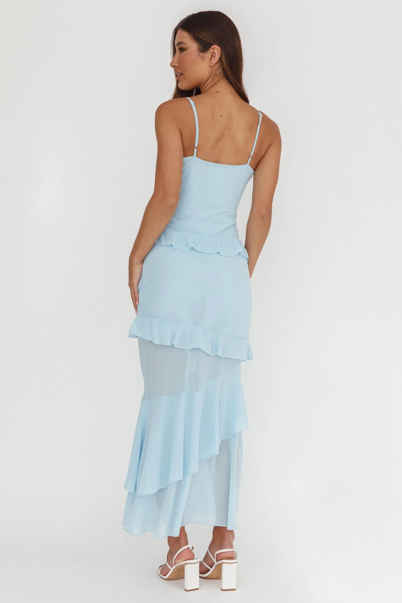 Marlie Frill Trim Rosette Maxi Dress Blue