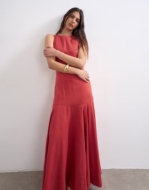 Topshop linen rich dropped waist full circle hem midi dress in burgundy