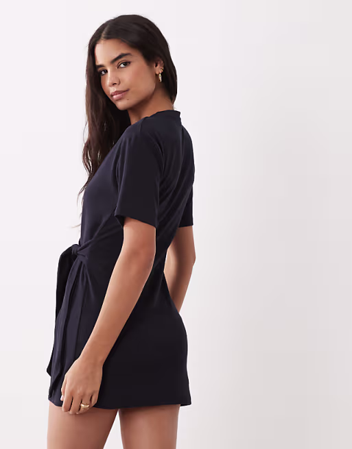 Mango tie front mini T-shirt dress in navy