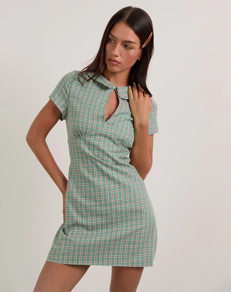 Medora Keyhole Mini Dress in Teal Check