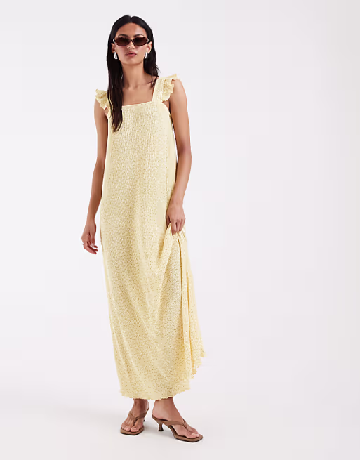 PIECES plisse maxi dress with frill sleeves in pastel yellow floral