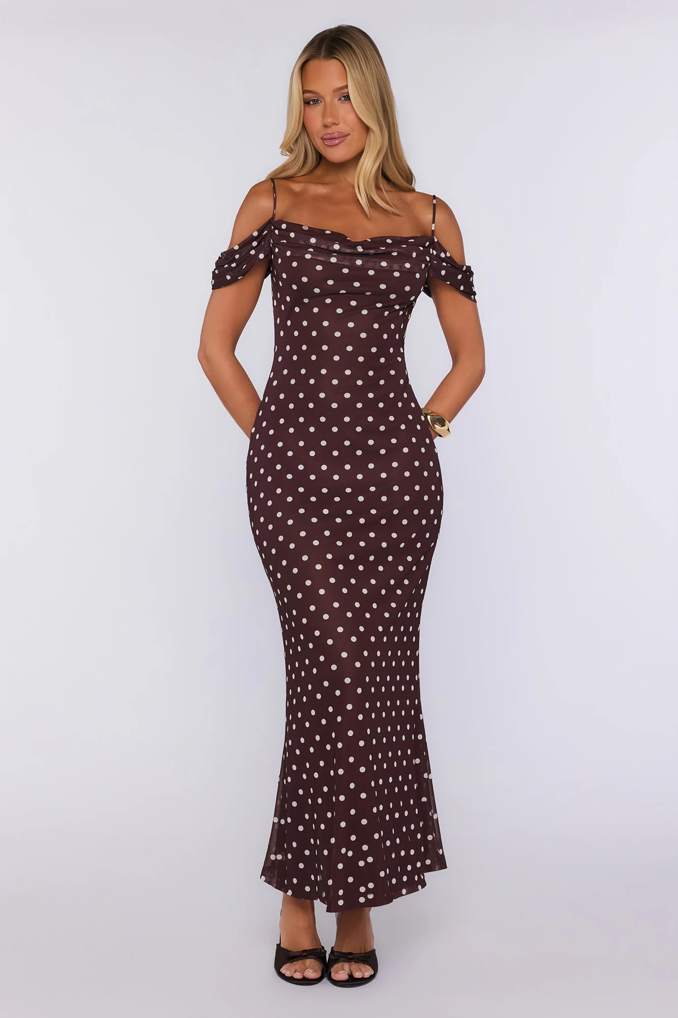 Show Up Stunning Mesh Off Shoulder Midi Dress Brown
