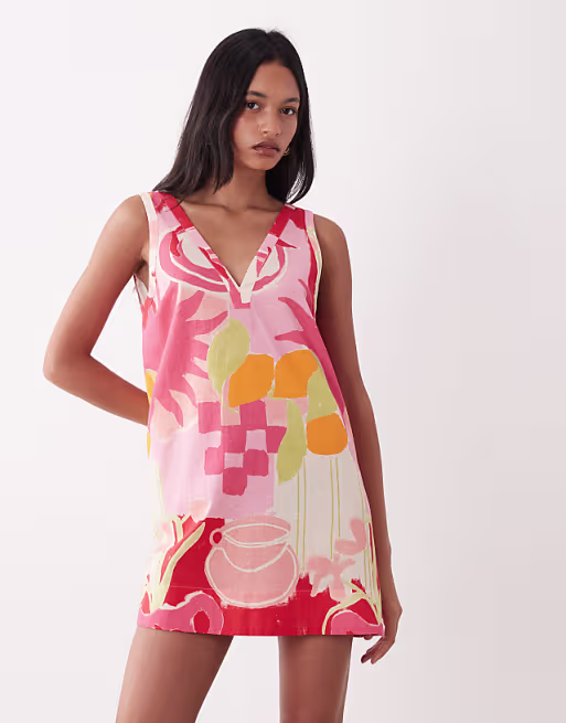 cotton linen v neck smock mini dress in pink fruit print