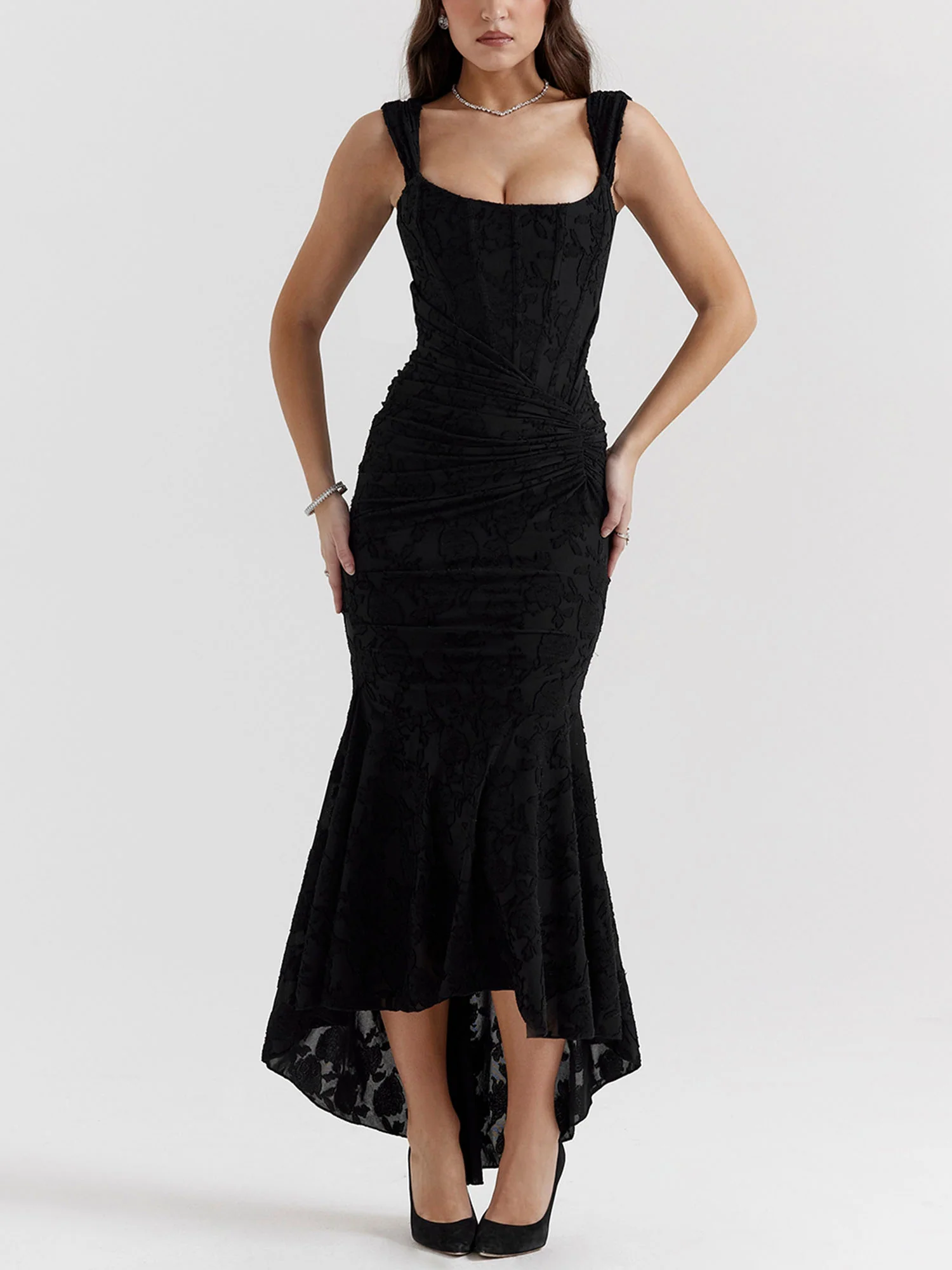 Black Textured Asymmetrical Midi Dress