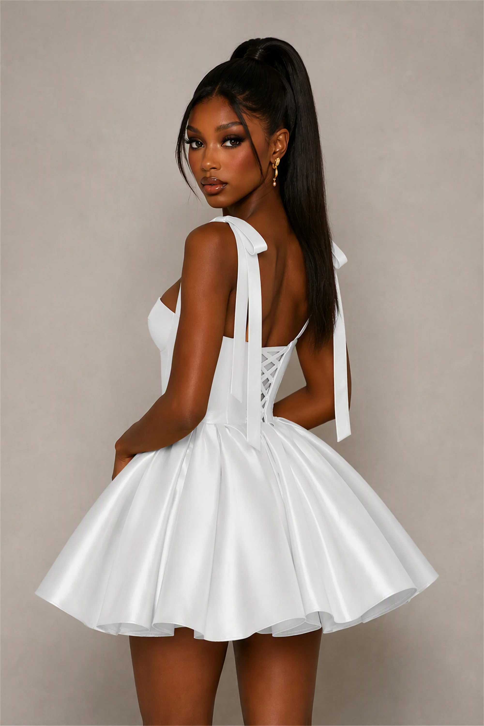 BOLODOO White Satin Sweetheart Corset Bow Strap Lace-Up Open Back Full Skirt Mini Dress | Prom Cocktail Party Dress