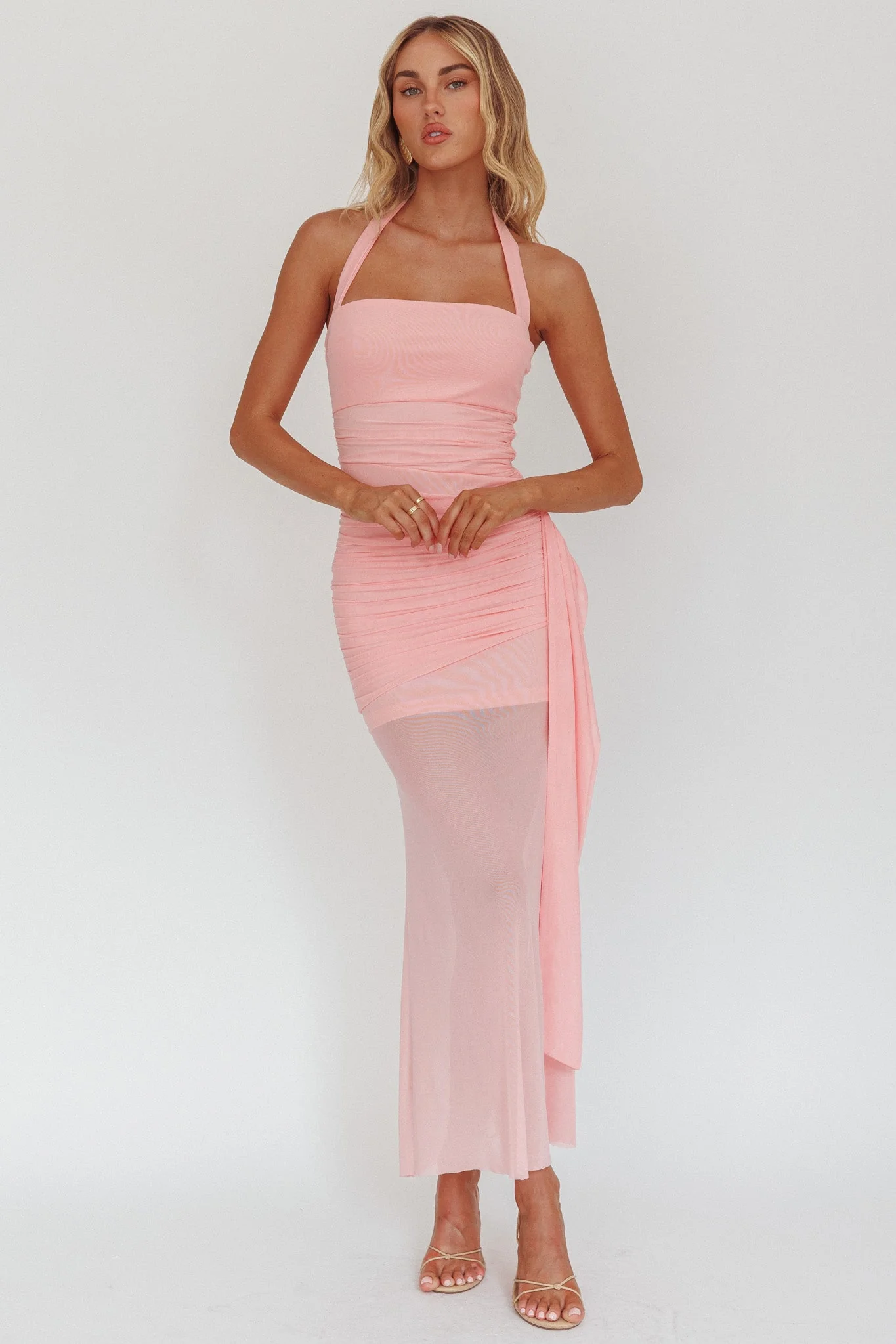 Rebekkah Halterneck Side Sash Maxi Dress Pink