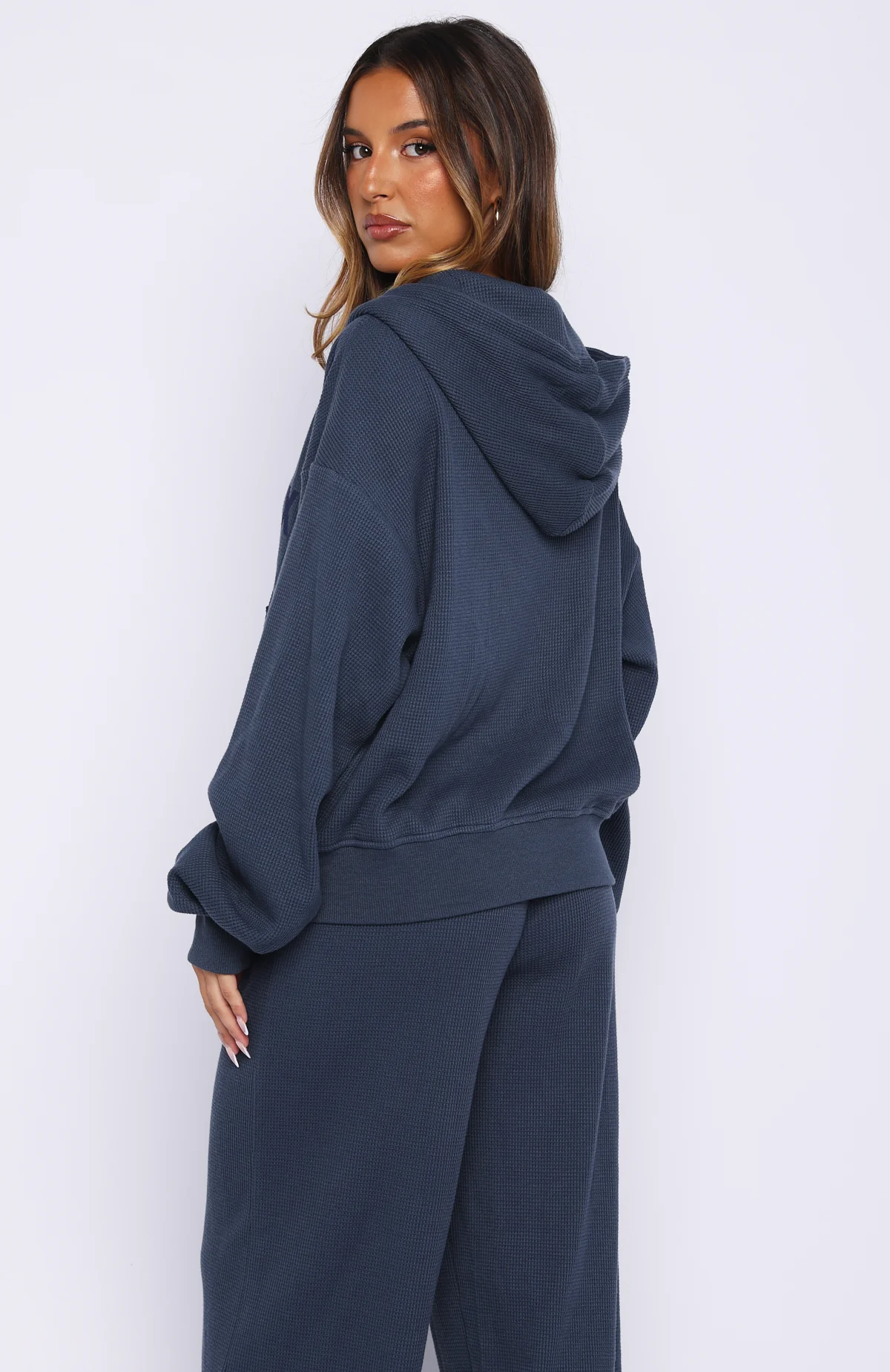 Leave Me Out Of It Waffle Boxy Zip Front Hoodie Navy