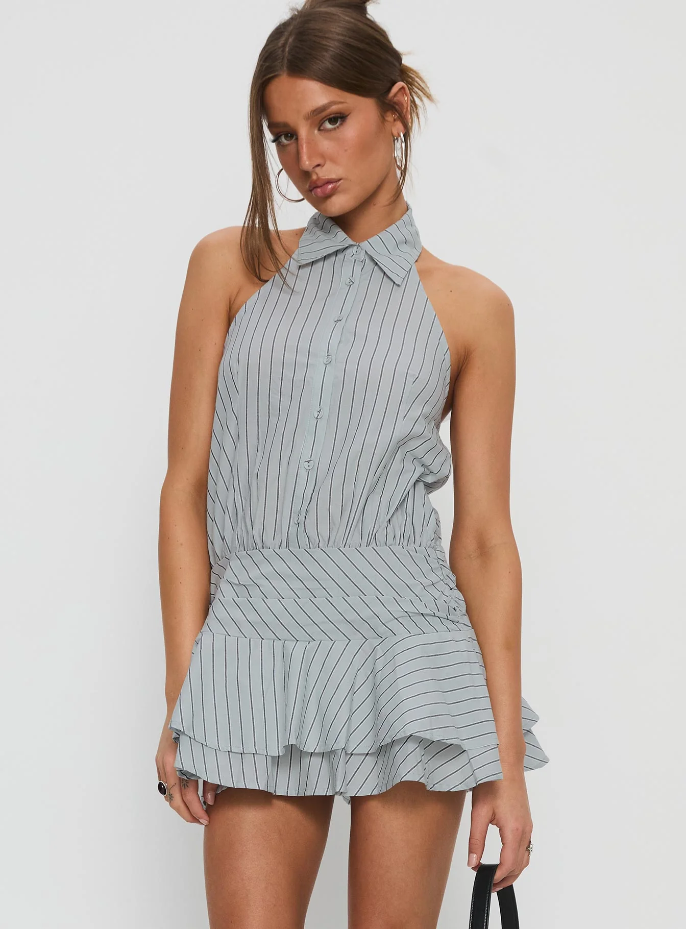 Soreia Halter Tiered Mini Dress Blue Stripe