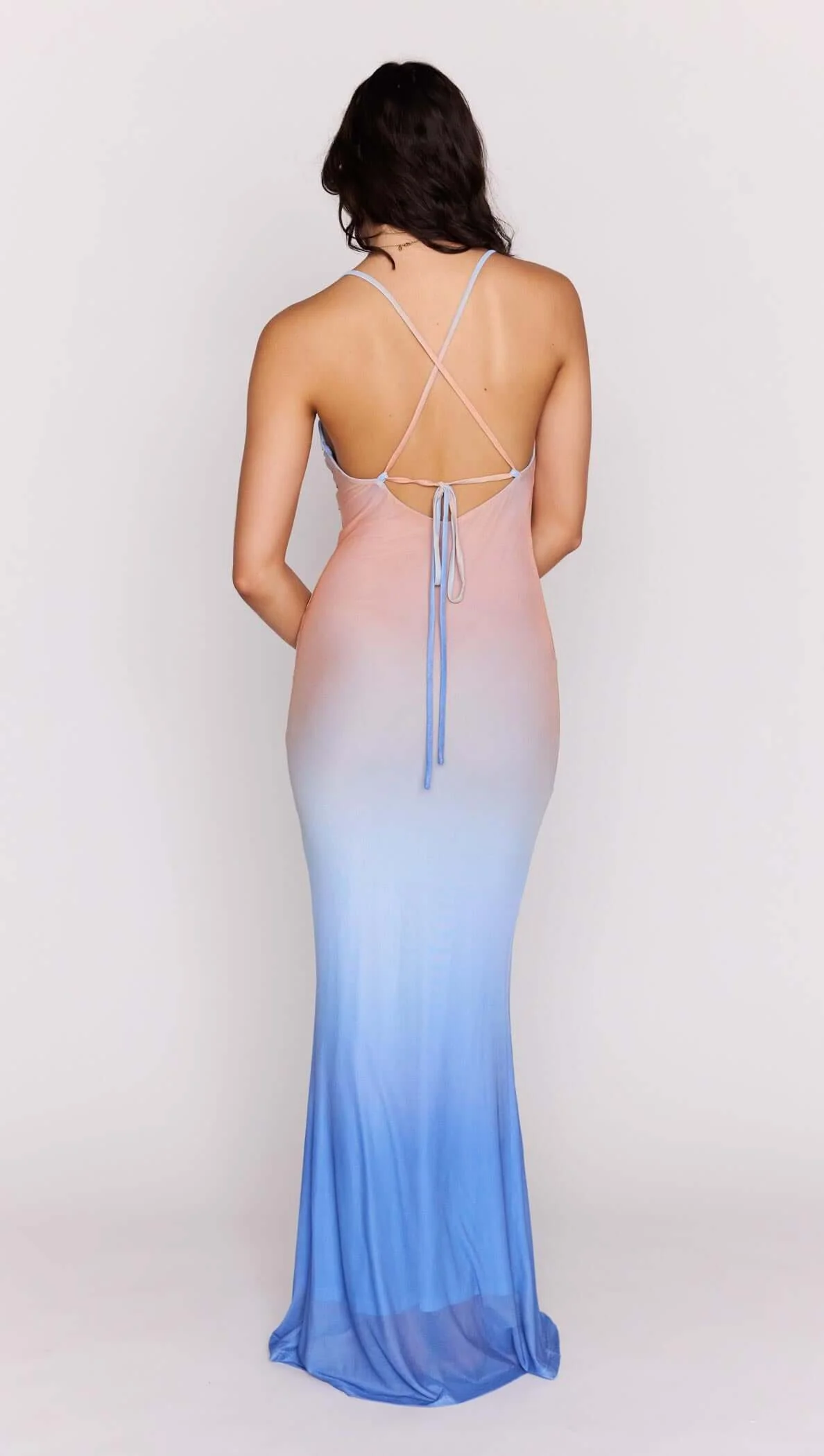 Ombre Cowl Neck Mesh Maxi Dress