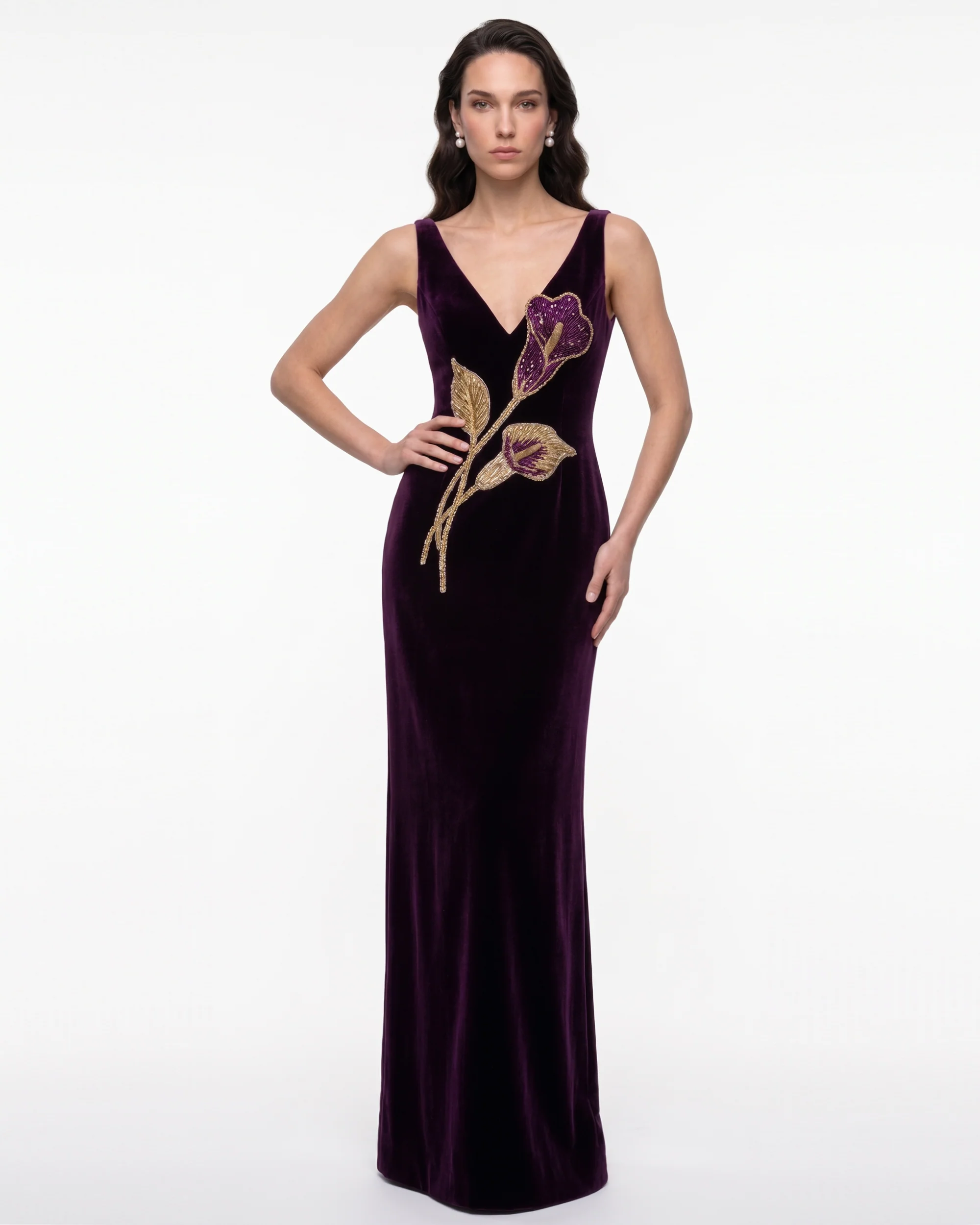 Calla Lily Embellished Velvet Column Maxi Dress - Purple