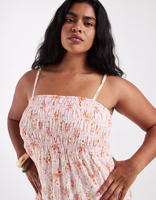 PIECES Curve smocked lace cami maxi dress in pink ditsy floral print